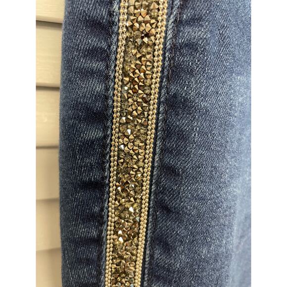 Tommy Bahama High Rise Ankle dark wash blue jeans shiny studded side stripe - Picture 4 of 6